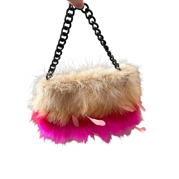 Betsey Johnson Y2K Feather Bag Pink Ombré Gunmetal Chain Glam Rock Princess - Picture 6 of 13
